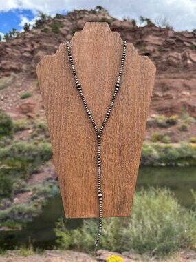 Handmade Brushed Steel Western Pearl Dual Graduated Lariat Necklace 18 inch